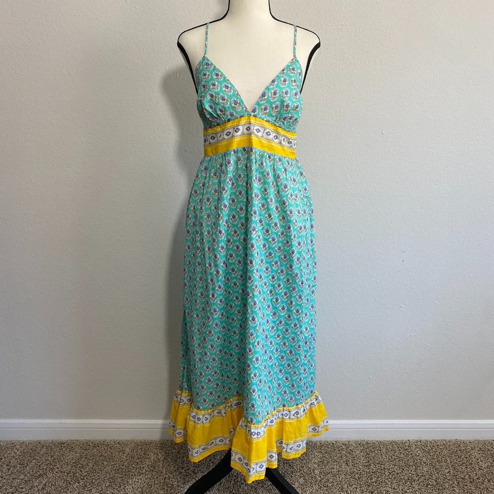 J. Crew Aqua Floral Midi Dress with Yellow Trim
